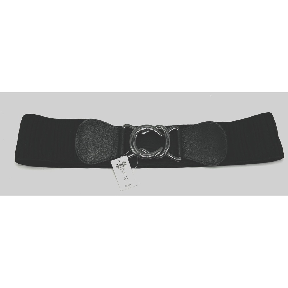 Statement Belt Womens Medium Black Elastic Stretch Sliver Tone Buckle Old Money